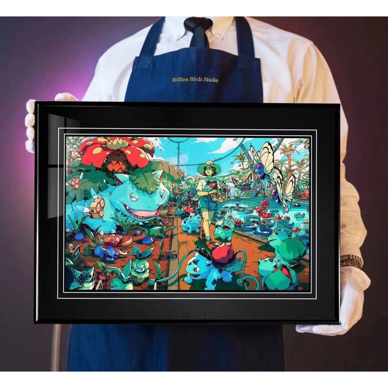 Billion Birds Studio - Bulbasaur, Venusaur, Ivysaur & Butterfly Botanical Garden Poster Frame
