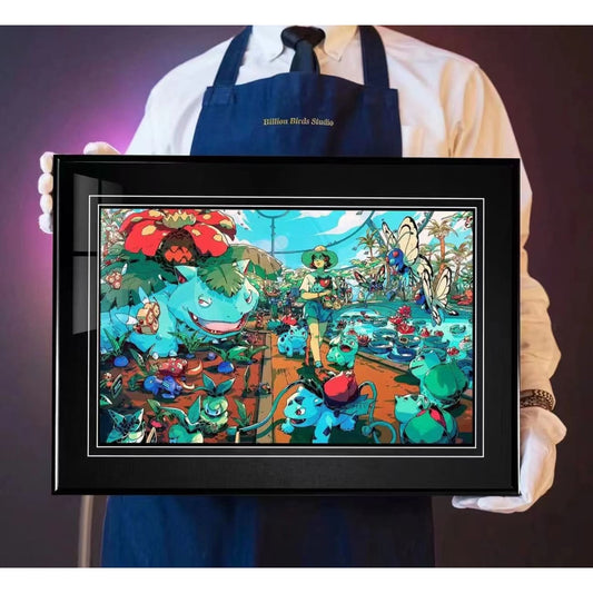 Billion Birds Studio - Bulbasaur, Venusaur, Ivysaur & Butterfly Botanical Garden Poster Frame