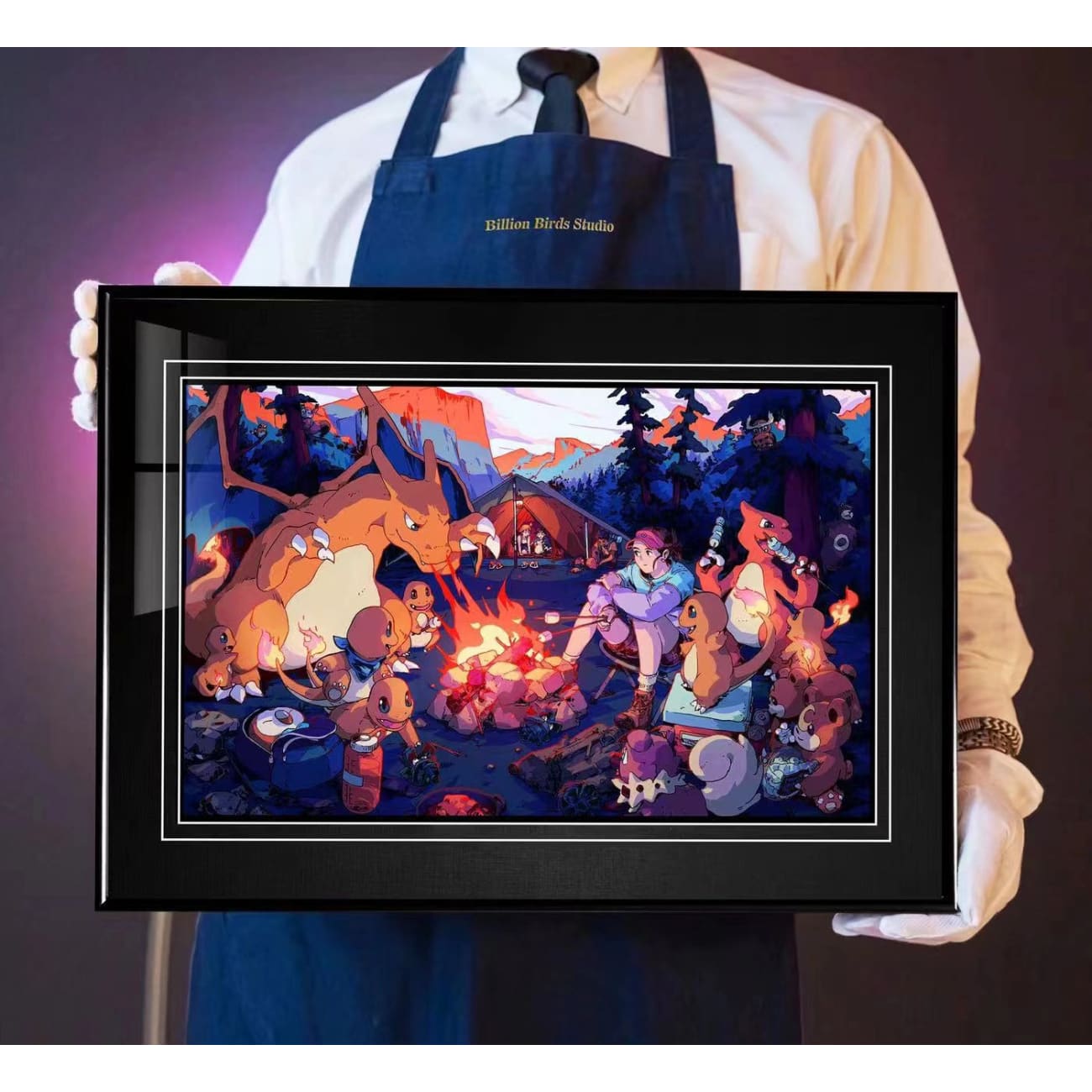 Billion Birds Studio - Charmander Family with Pikachu Camping Poster Frame