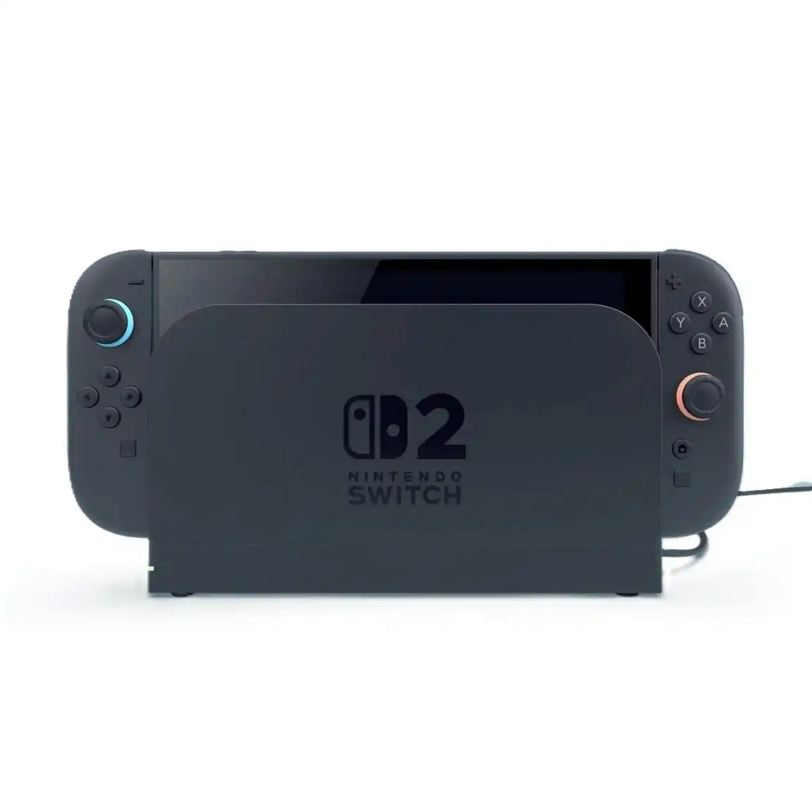 A dark gray Nintendo Switch console with its Joy-Cons attached, docked in a matching dark gray charging station.