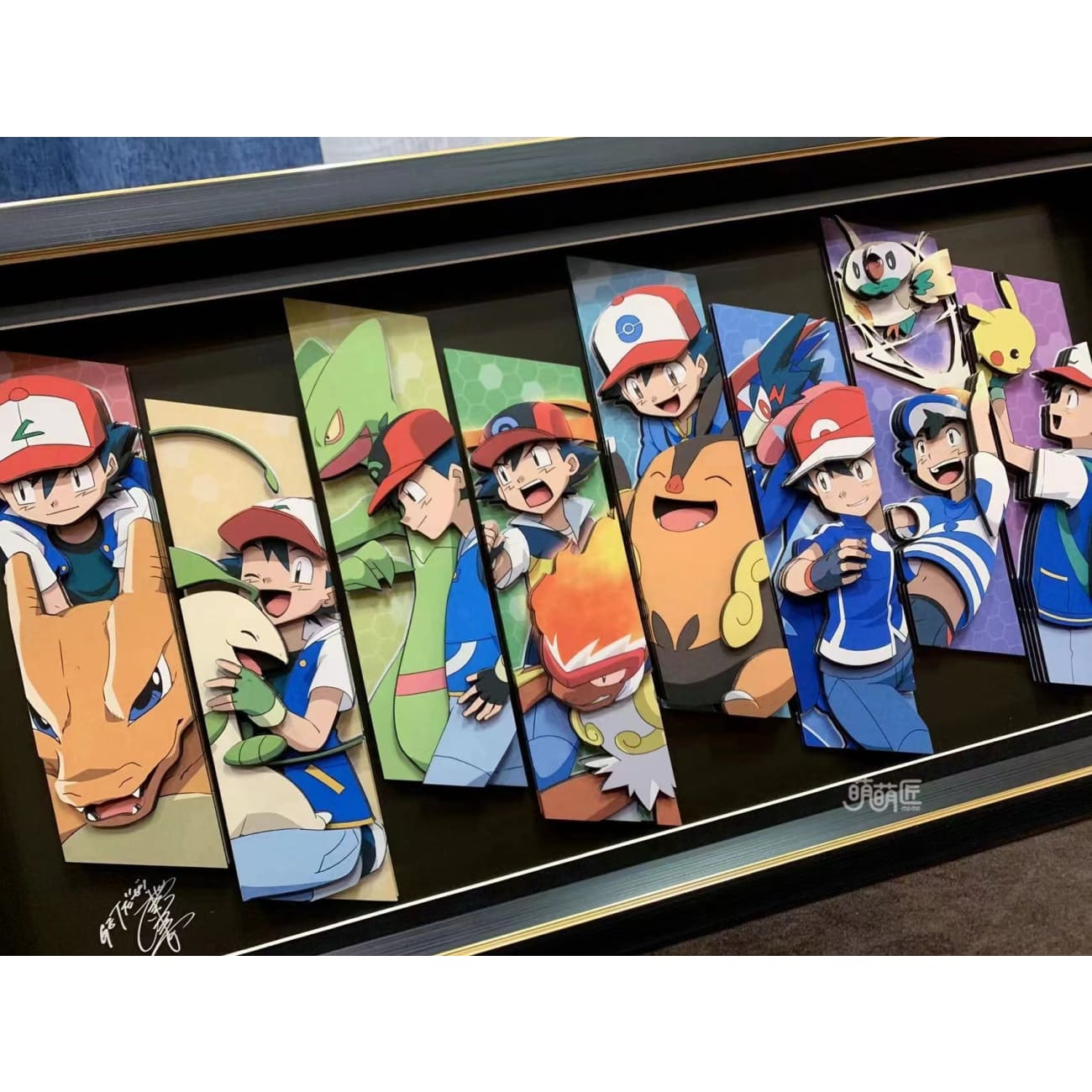 Momo Studio - Ash Ketchum ,Pikachu, Charizard, Bayleef, Pignite, Rowlet, Infernape, Greninja & Sceptile 3D Poster Frame