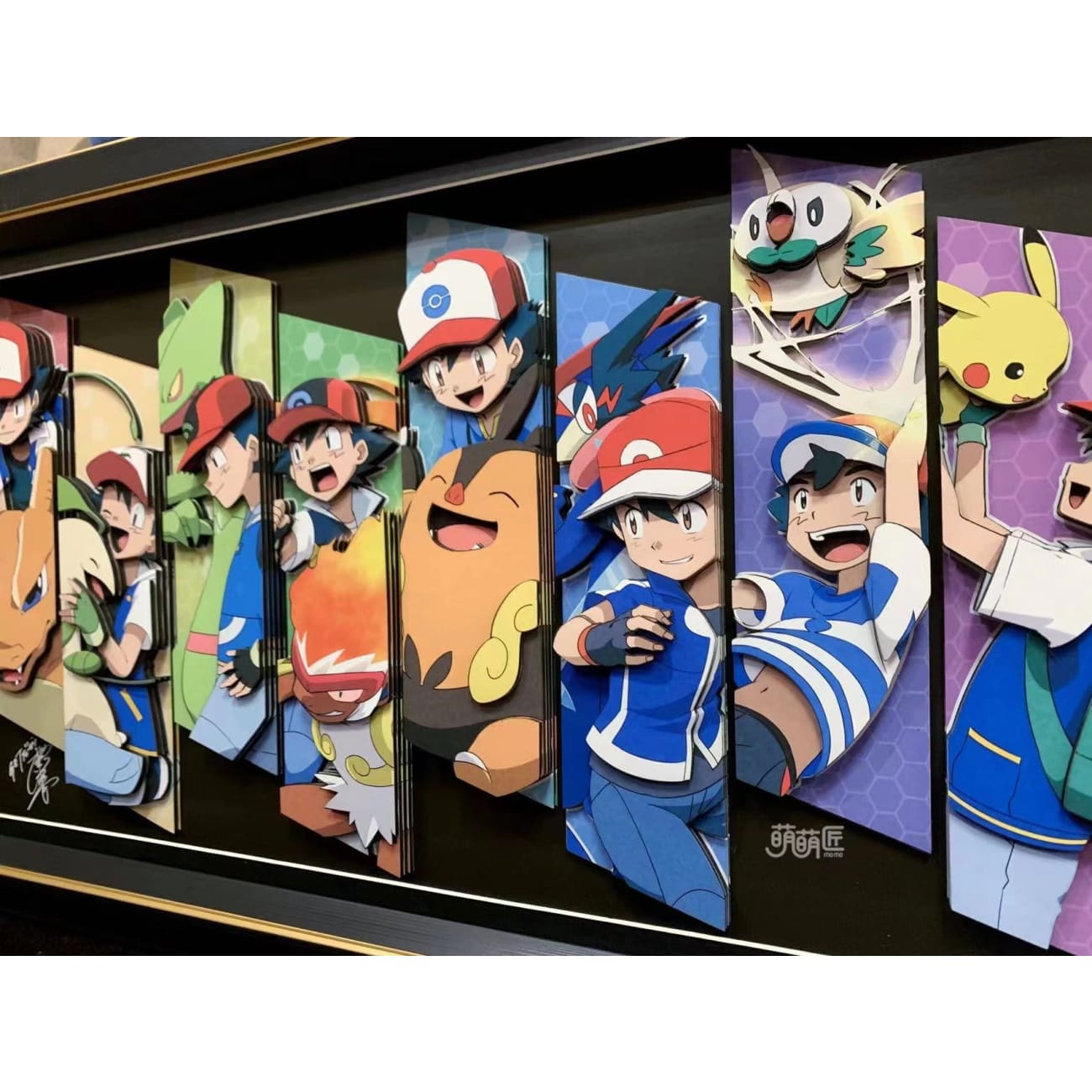 Momo Studio - Ash Ketchum ,Pikachu, Charizard, Bayleef, Pignite, Rowlet, Infernape, Greninja & Sceptile 3D Poster Frame
