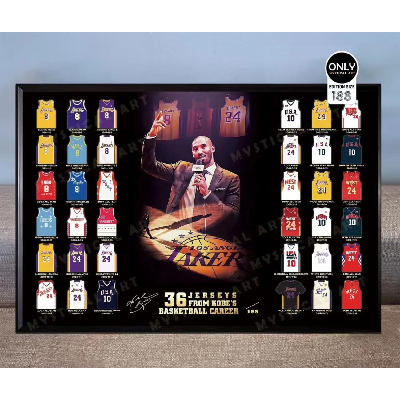 Mystical Art - Kobe Bean Bryant’s Career 36 Jerseys Commemorate Poster Frame