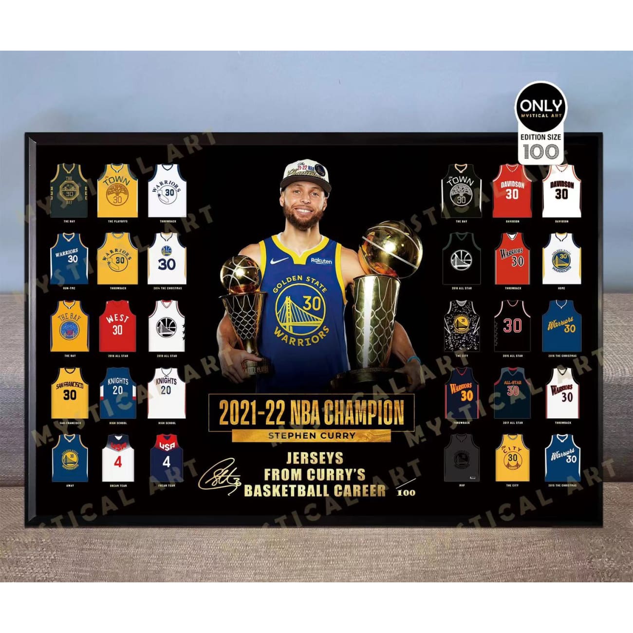 Mystical Art - Stephen Curry Jerseys From Curry's Basketball Career Signature Poster Frame